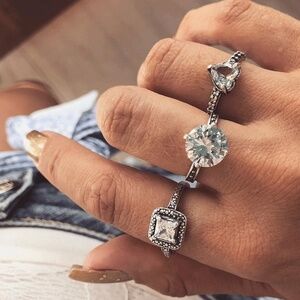 *CORAZON* 3-Pc Silver Rhinestone Fashion Ring Set